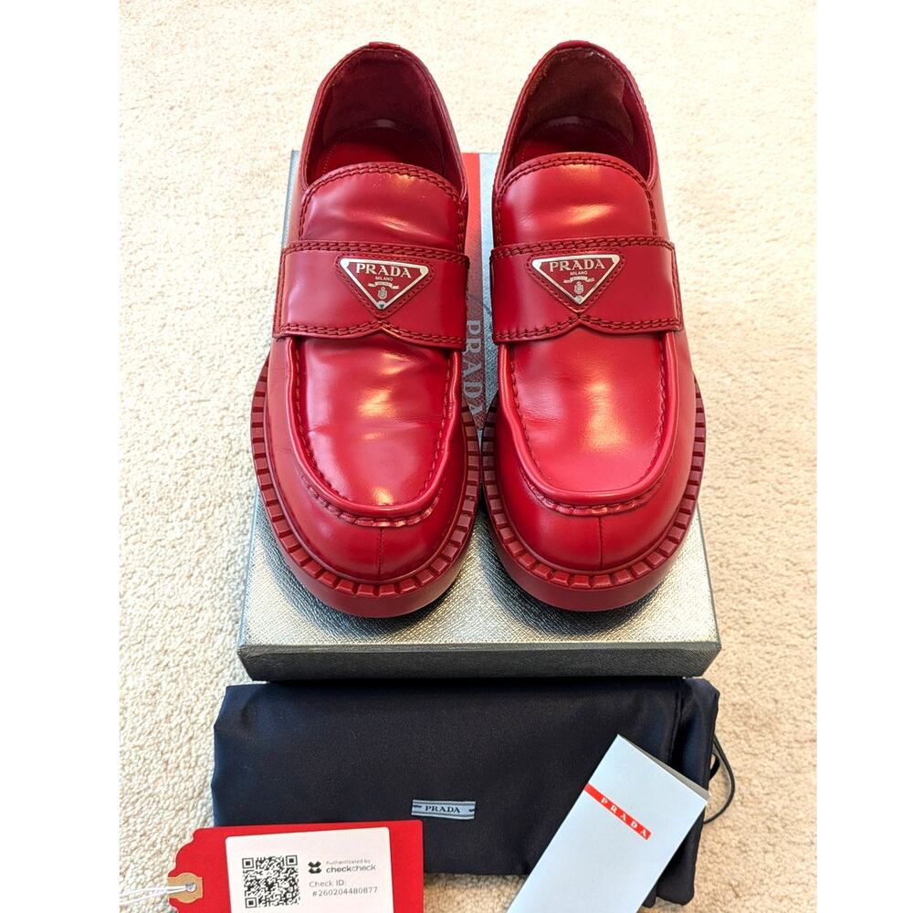 Prada Unisex Brushed Calfskin Lug Loafers in Scarlatto Red